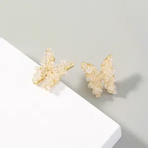 Elegant crystal beaded butterfly earrings gold wire wrapped chic ear studs for women