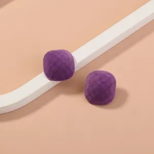 Purple velvet square stud earrings detail shot, elegant minimalist design for daily wear.