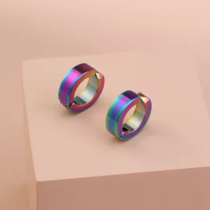 Rainbow stainless steel clip-on hoop earrings for women, minimalist non-pierced jewelry.