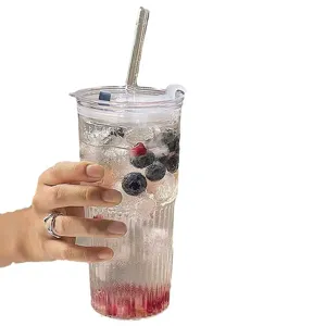 Clear straw cup tumbler with lid and metal straw, large capacity aesthetic glass for daily drinks.