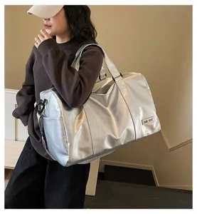 Large capacity silver duffel travel bag soft leather shoulder crossbody fitness gym bag.