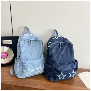 Denim backpack large capacity canvas school bag vintage star patch casual daypack for teens