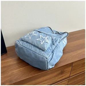 Washed denim canvas backpack for women, large capacity school bag with star patches, casual style