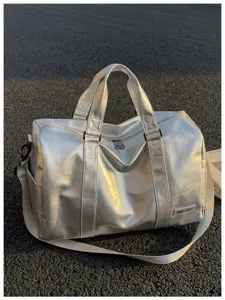 Large capacity silver soft leather travel duffel bag for sports, fitness, and daily use.