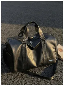 Black soft leather travel duffel bag detail view, large capacity gym sports luggage bag