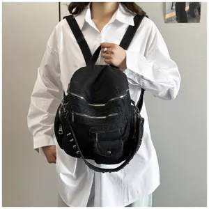 Black denim multi-pocket backpack casual school bag travel daypack for women style