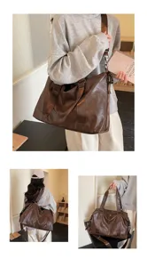 Brown PU leather travel duffel bag large capacity casual tote bag for women daily use detail view