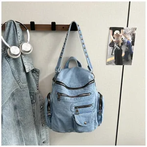 Casual denim backpack for women, retro multi-pocket multi-functional school bag, blue.