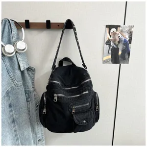 Vintage black denim backpack for women, casual multi-pocket daily school book bag and purse.