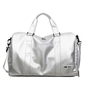 Silver soft leather large capacity travel duffel bag for sports fitness and yoga.