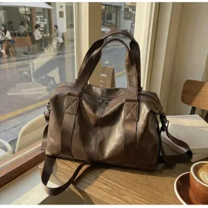 Vintage brown PU leather travel duffel bag large capacity casual tote bag for men.