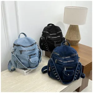 Vintage denim multi-functional backpack for women, casual student rucksack with zippers.