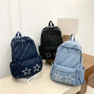 Korean style large capacity washed denim canvas backpack for women school book bag main view