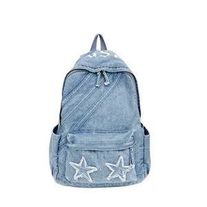 Washed denim canvas backpack for women large capacity school bag casual daily travel rucksack