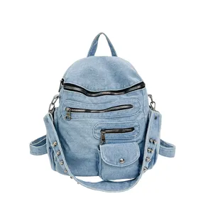 Stylish denim backpack for women, casual vintage bookbag with multiple zipper pockets.