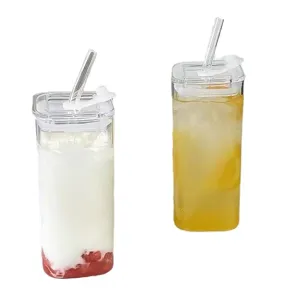 Clear Glass Straw Cup Heat Resistant Transparent Square Water Bottle Home Drinkware
