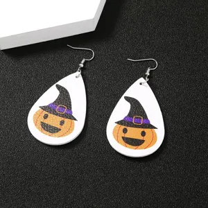 Orecchini pendenti in pelle di Halloween con zucca e cappello da strega, gioielli festivi.