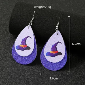 Orecchini pendenti a goccia cappello strega Halloween, pelle viola glitter doppio strato donna.