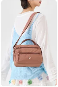 Nylon crossbody shoulder bag for women casual lightweight multi zipper handbag brown pink
