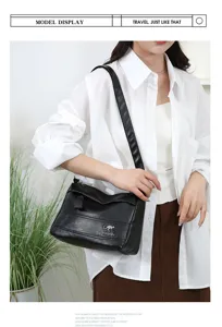 Classic black soft leather shoulder bag for women, large capacity vintage crossbody handbag.