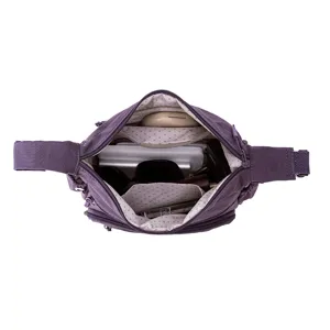 Women's purple nylon crossbody shoulder bag top view displaying large capacity and inner pockets.