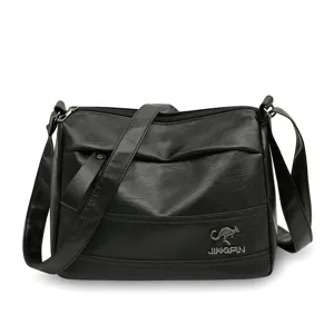 Black soft leather vintage shoulder bag for women, large capacity crossbody messenger bag.