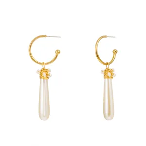 Elegant gold C-shape hoop earrings with handmade wire-wrapped faux teardrop pearls for women.