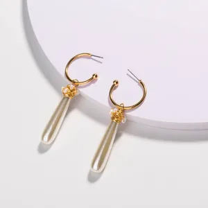 Chic gold hoop faux pearl drop earrings with handmade copper wire wrap fashion jewelry for women.