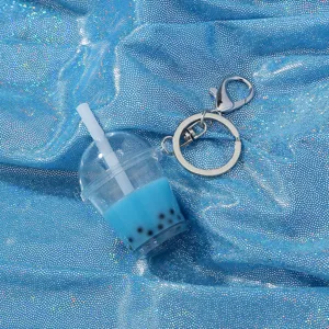 Creative Acrylic Bubble Tea Keychain Cute Liquid Beverage Bag Pendant Electroplated Metal Key Ring Backpack Accessory Gift