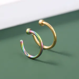 Close-up detail van minimalistische piercing ring set in regenboog en goudkleurige afwerking.