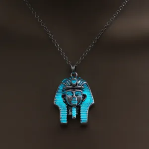 Glow in the dark Egyptian pharaoh pendant necklace, vintage silver luminous chain jewelry for men women