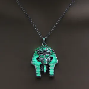 Glow in the dark Egyptian pharaoh pendant necklace, vintage luminous metal jewelry for men and women