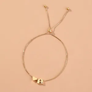 Gold adjustable box chain bracelet featuring a cute heart and crystal initial letter charm.