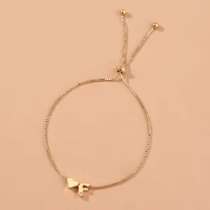 Gold box chain adjustable letter F bracelet with heart charm for women minimalist jewelry accessory