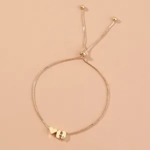 Minimalist gold box chain adjustable bracelet with heart and letter H crystal charms for women.