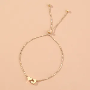 Gold adjustable box chain bracelet with heart and letter J charm, minimalist daily wear accessory