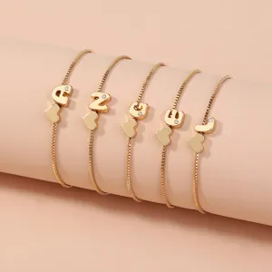 Minimalist Gold Plated Copper Alloy Box Chain Bracelet For Women Adjustable Rhinestone Alphabet Letter Heart Charm Bracelet Jewelry