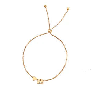 Gold box chain bracelet with adjustable sliding bead, heart charm and crystal letter A pendant.