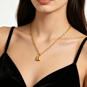 Stainless Steel Lock Pendant Necklace For Women Gold Plated Paperclip Chain Trendy Minimalist Solid Metal Fashion Jewelry Gift