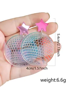 Detailed view of exaggerated acrylic pentagram and disco ball earrings with size.
