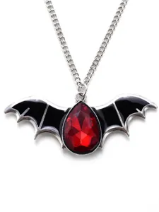 Gothic vampire bat wing necklace with red teardrop crystal stone punk jewelry pendant detail view
