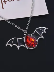 Gothic punk vampire bat wing necklace with red teardrop gem pendant for Halloween gifts.