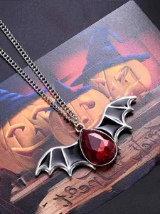 Halloween gothic punk vampire bat wing necklace with red crystal pendant for women girls.