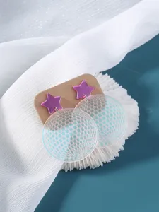 Detailed close-up of retro acrylic disco ball drop earrings with pink star design for women.