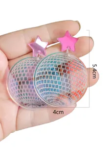 Close-up detail of acrylic pink star and reflective disco ball drop earrings with clear size.
