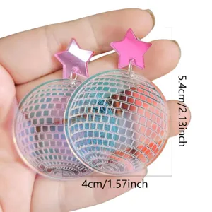Retro Acrylic Disco Ball Pentagram Drop Earrings For Women Western Bold Laser Mirror Star Dangle Earrings Disco Party Jewelry Accessories