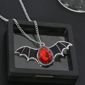 Gothic Punk Vampire Bat Wings Pendant Necklace Alloy Rhinestone Red Crystal Teardrop Charm Chain Jewelry Halloween Gift Unisex