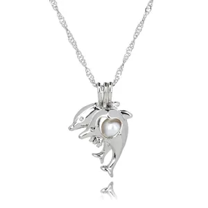 Silberne hohle Delfin Herz Perlenkaefig Anhaenger Kette elegante Damen Schmuck Geschenk.