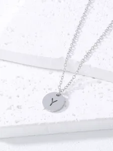 Silver stainless steel letter Y pendant necklace close up detail view minimalist jewelry