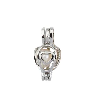 Elegante ciondolo a gabbia cuore color argento accessorio gioielli DIY con perla interna.
